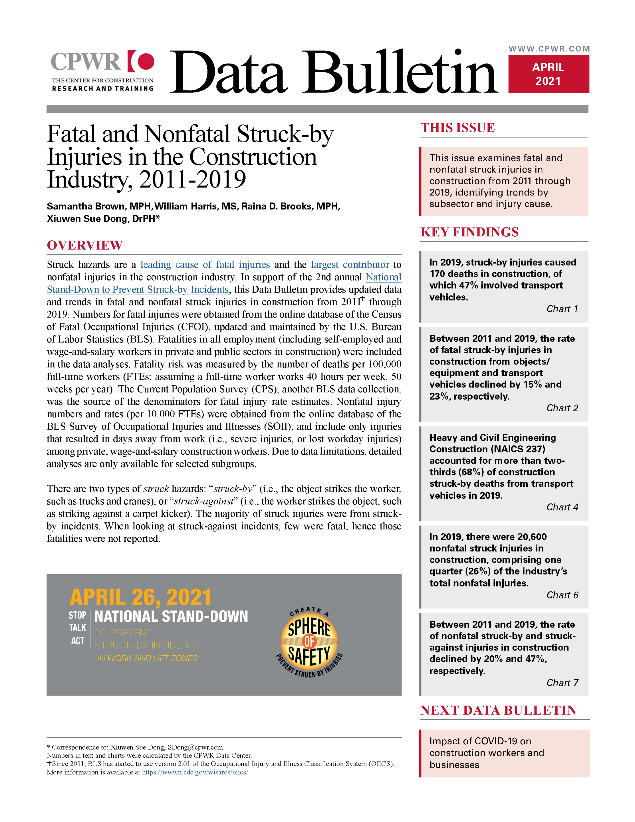 Fatal and Nonfatal Struck-by Injuries in the Construction Industry, 2011-2019 Cover page of April 2021 Data Bulletin