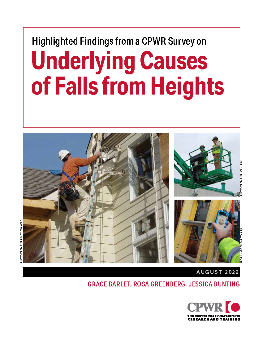 report cover with title, and three separate photos of workers wearing or using fall protection.