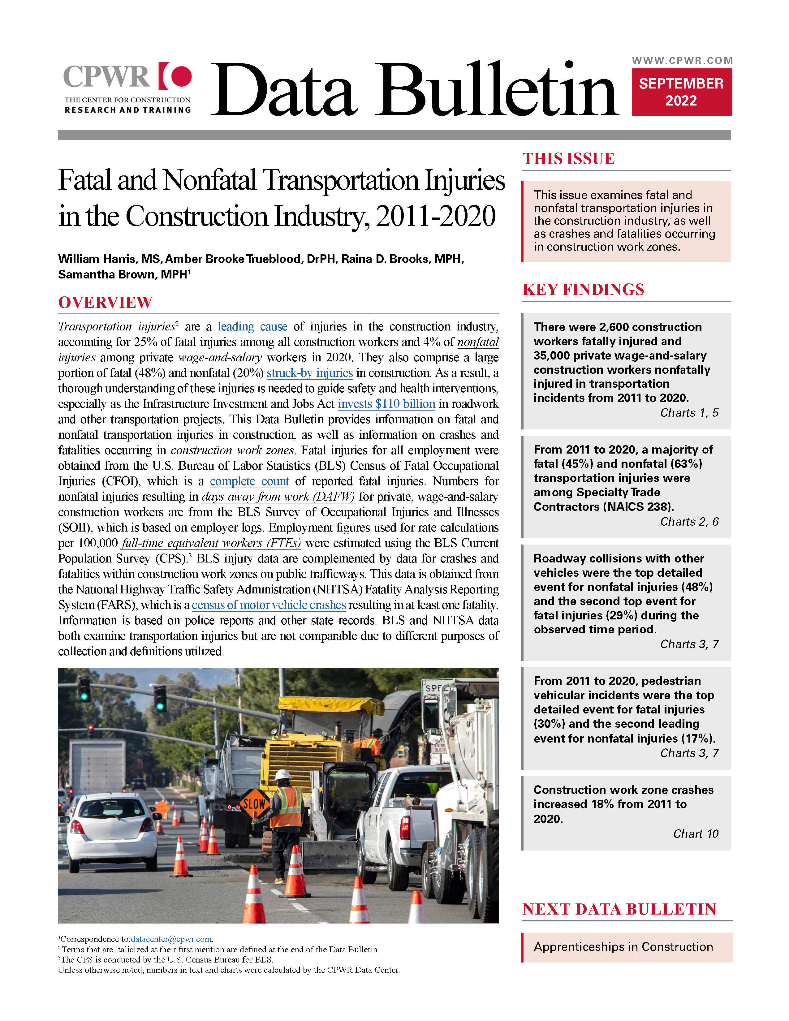 cover of September 2022 Data Bulleting with title, this issue details, key findings listed, an introduction to the publication and an image of a worker on a street with orange cones situated for traffic safety.