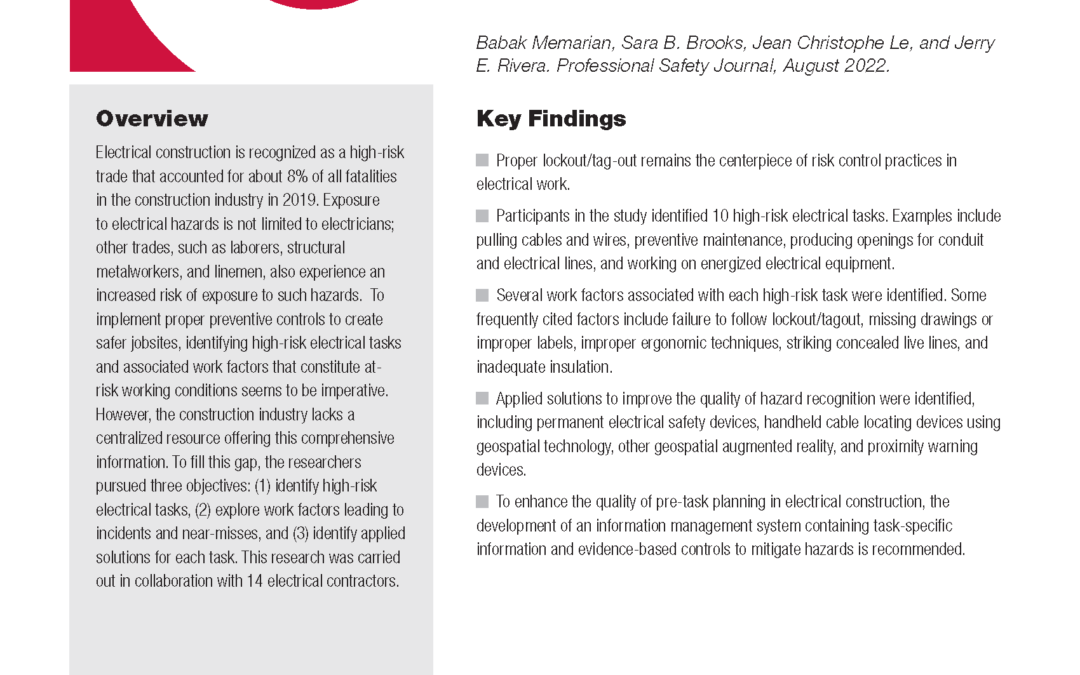 image is of CPWR's one page Key Finding with Logo, article title, overview, bulleted findings, and author contact information.