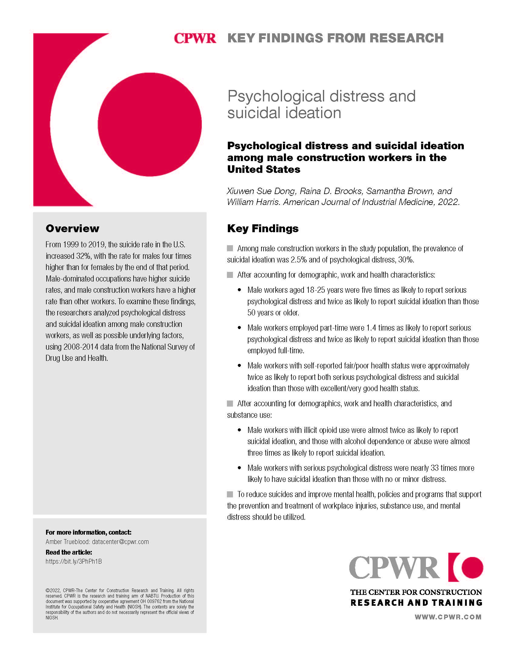 image of Psychological distress and suicidal ideation among male construction workers in the United States Key Finding