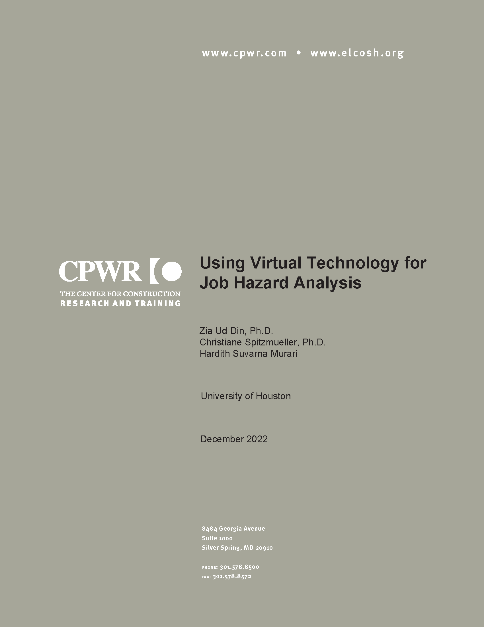 report cover with CPWR logo, report title, author information, publish date, and CPWR physical address